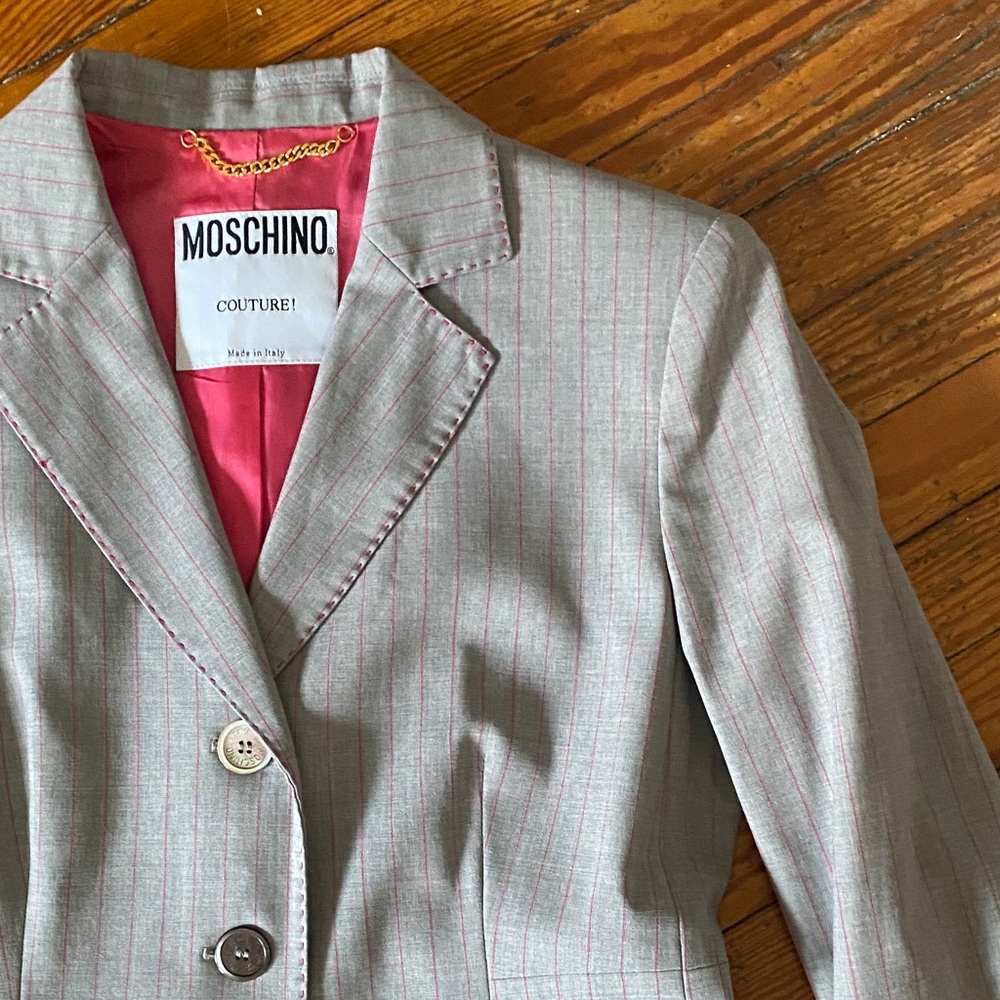 Vintage 1990s Moschino Couture Light Gray with Pink Pinstripe Blazer - Picture 3 of 12
